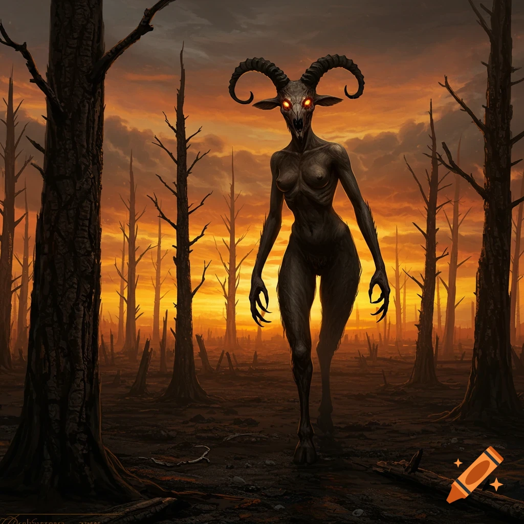 A dark, demonic goat-headed creature with glowing eyes walks through a scorched forest at sunset in a detailed horror fantasy style.