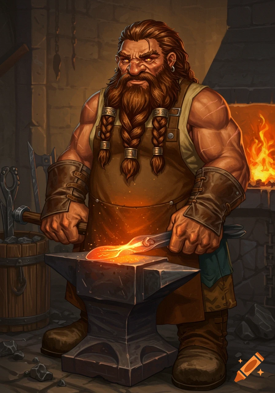 A powerful dwarf blacksmith with a long braided beard hammers glowing metal on an anvil, surrounded by sparks in his forge.