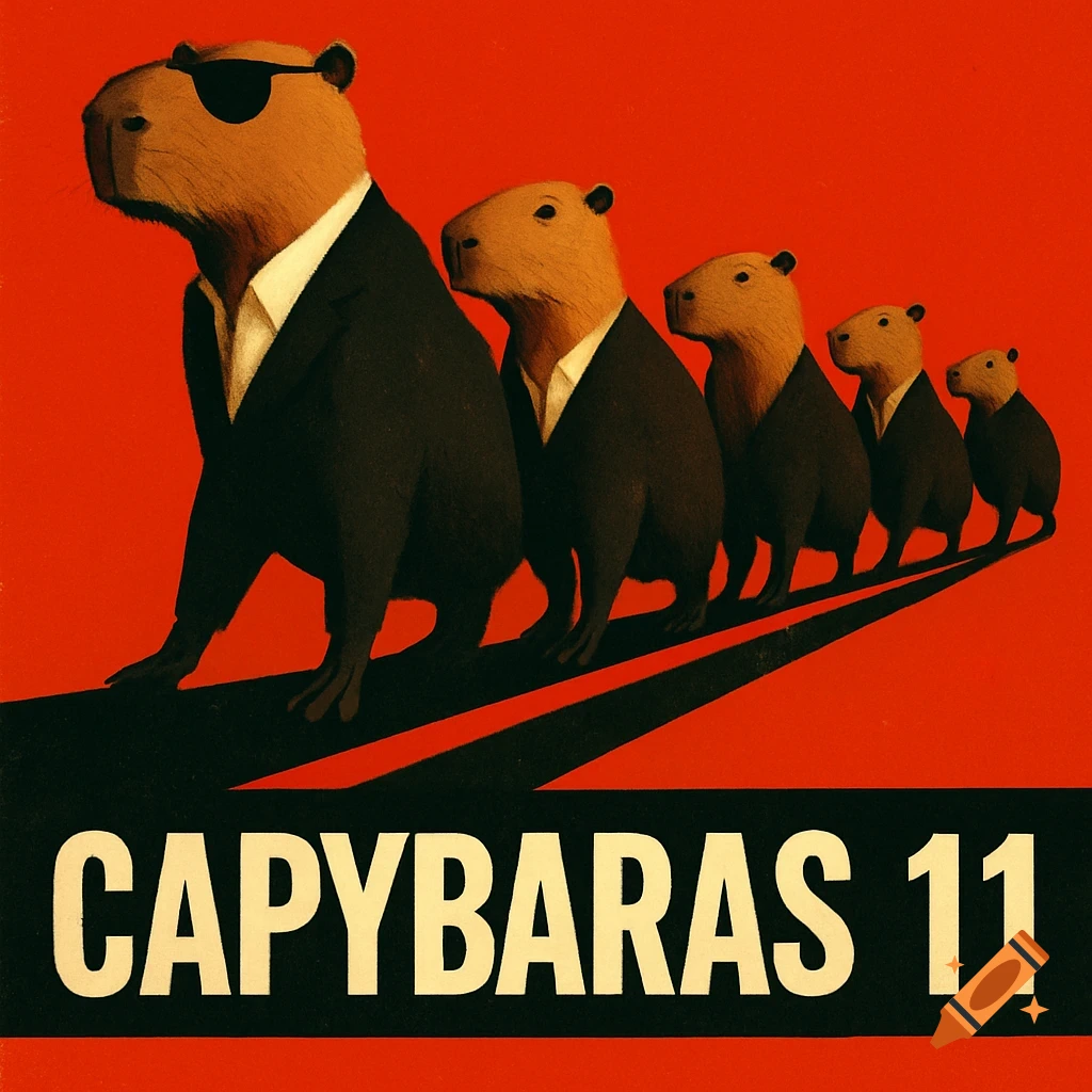 A line of capybaras in black suits and white shirts, walking on a black line against a red background, with the title "CAPYBARAS 11" below.