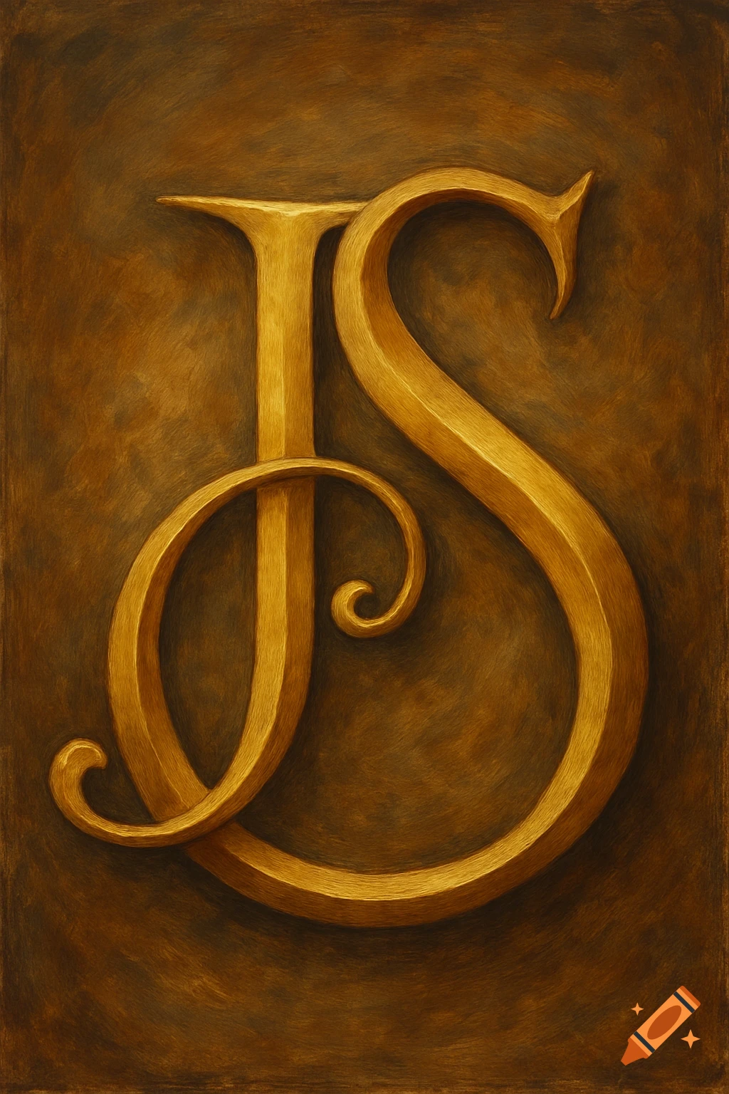 Golden, ornate intertwined letters 'J' and 'S' on a textured brown background.