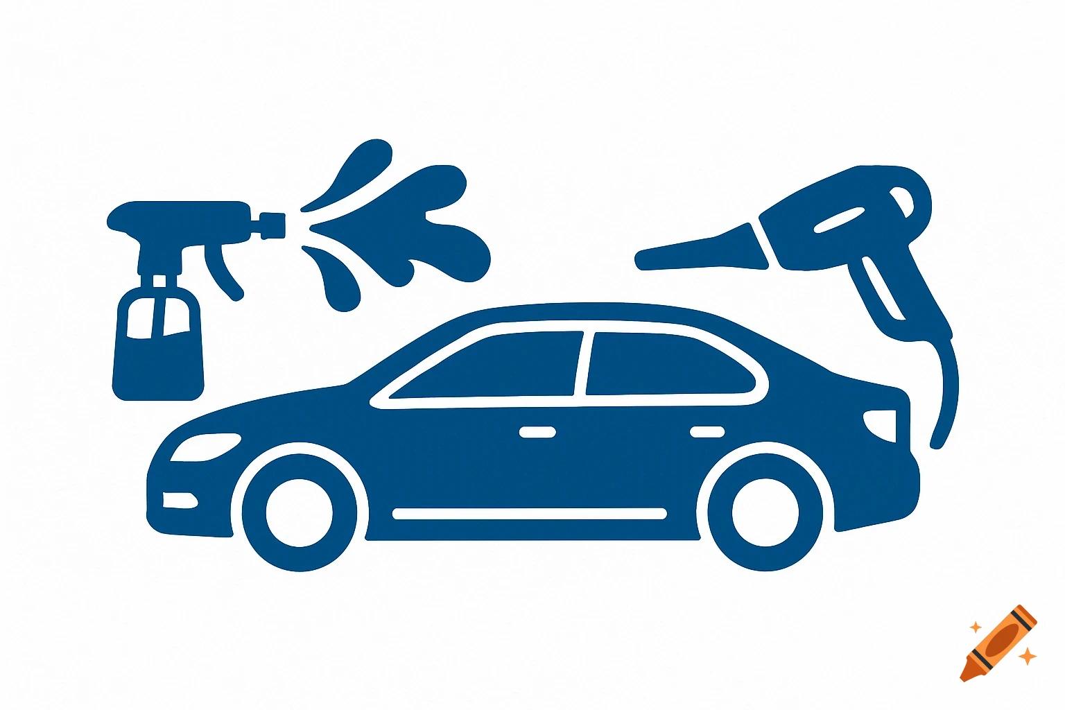 A minimalist blue graphic logo of a car with a spray bottle spraying water on the left and a handheld blower on the right.