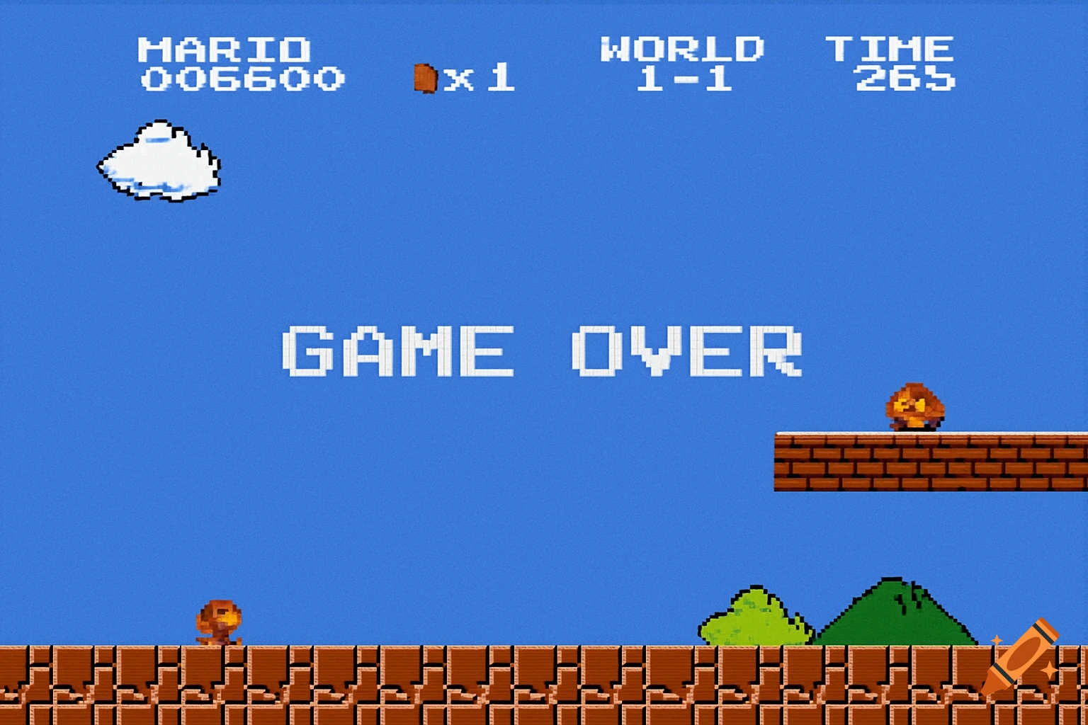 A pixel art game over screen from Super Mario Bros., showing a Goomba on a platform, another on the ground, and text like 'MARIO', 'WORLD 1-1', and 'GAME OVER' against a blue sky.