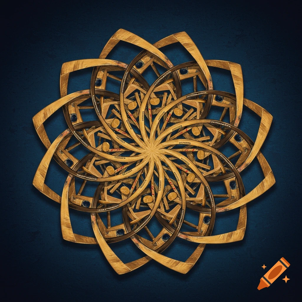 An intricate golden-brown mandala design formed from hockey sticks, set against a dark blue background.