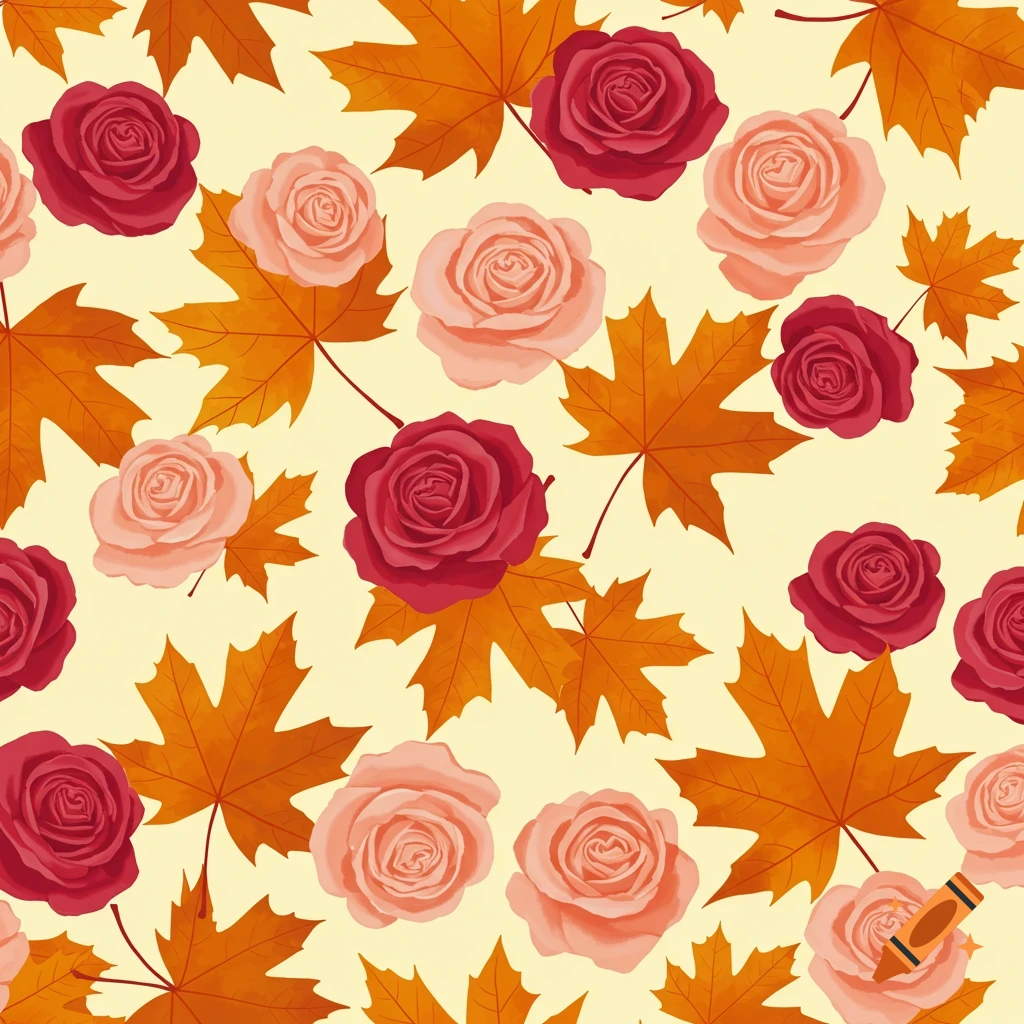 A seamless pattern featuring red and pink roses interspersed with orange and brown maple leaves on a light yellow background.