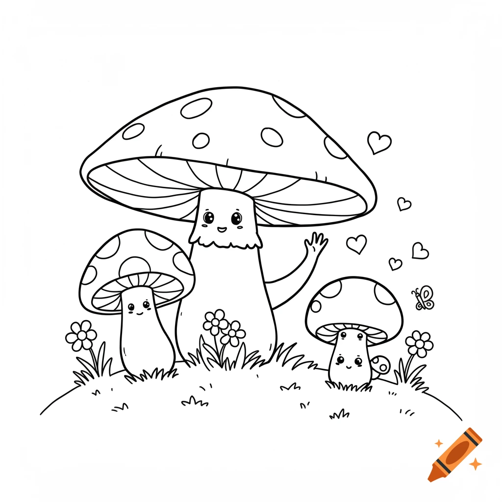 Black and white coloring page of three cute cartoon mushrooms on a grassy hill with flowers, hearts, and a butterfly.
