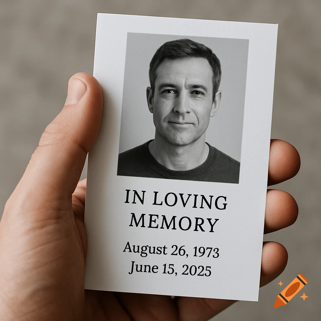 A hand holds a black and white memorial card with a man's portrait and dates.