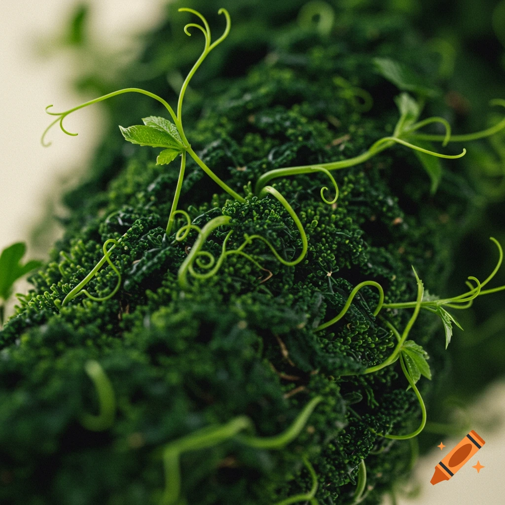 Close-up photorealistic shot of vibrant green tendrils unfurling from a dense, dark green plant surface.