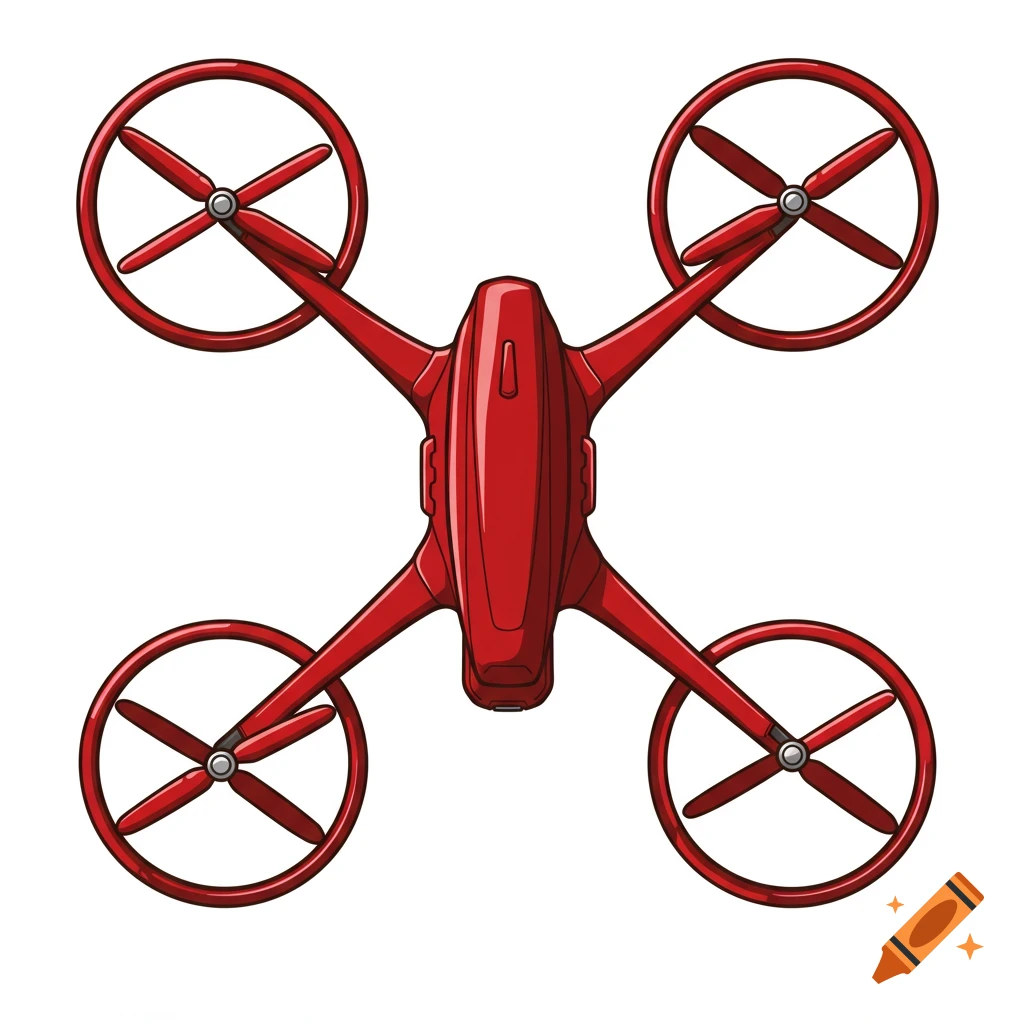 Top-down illustration of a sleek red drone with four propellers on a white background.