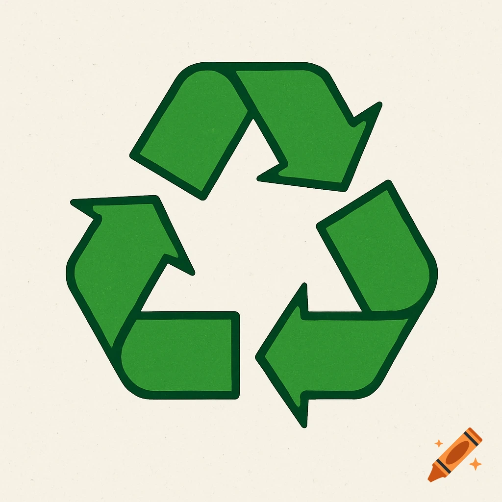 A green recycling logo on a light beige background.