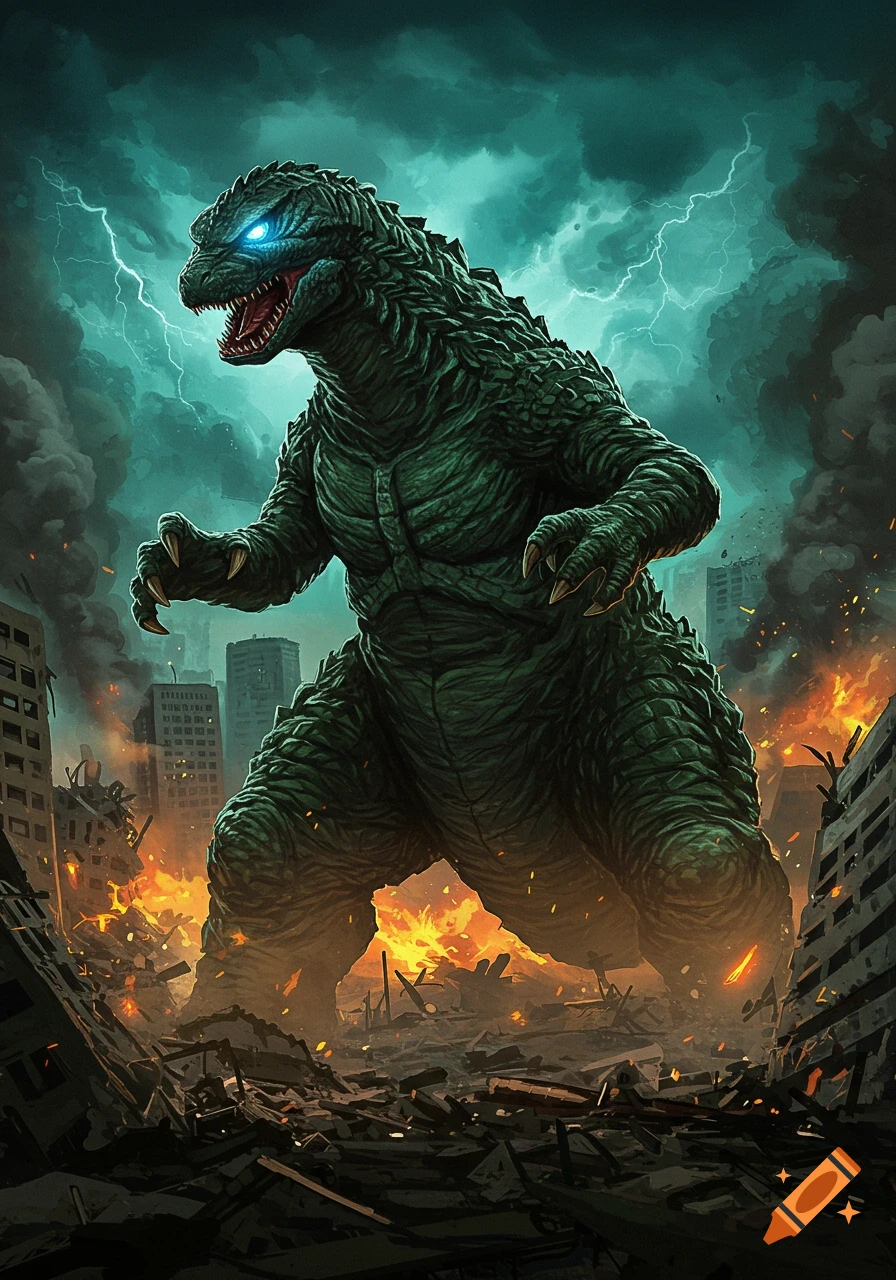 A giant green monster with glowing blue eyes stands in a destroyed city under a stormy sky with lightning.