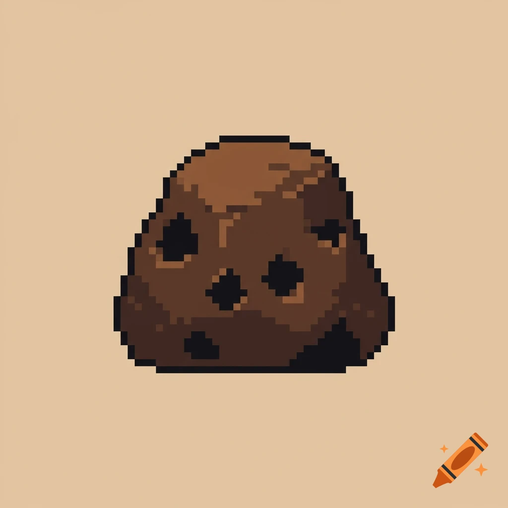 A pixel art brown rock with black dents on a light brown background.