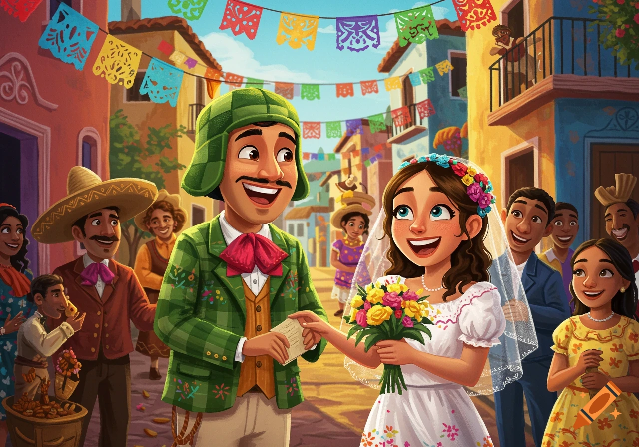 A cartoon wedding scene in a vibrant Mexican village street, with a man in a green checkered hat and a woman in a white wedding dress exchanging vows, surrounded by cheerful guests and colorful papel picado flags.