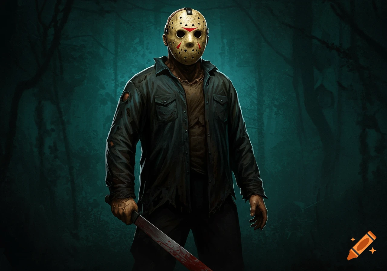 A stylized illustration of Jason Voorhees wearing his iconic hockey mask and holding a blood-stained machete in a dark, forest-like setting.