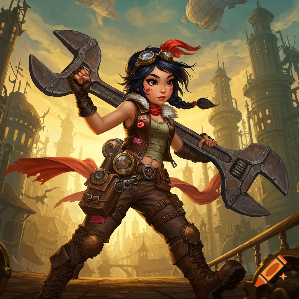 A stylized steampunk girl with goggles and a red scarf holds a large wrench, standing in a detailed city with airships, digital painting.