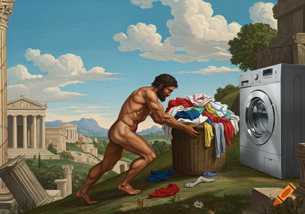 Classical painting of nude Sisyphus pushing laundry basket up a hill towards a modern washing machine, with ancient ruins in background.