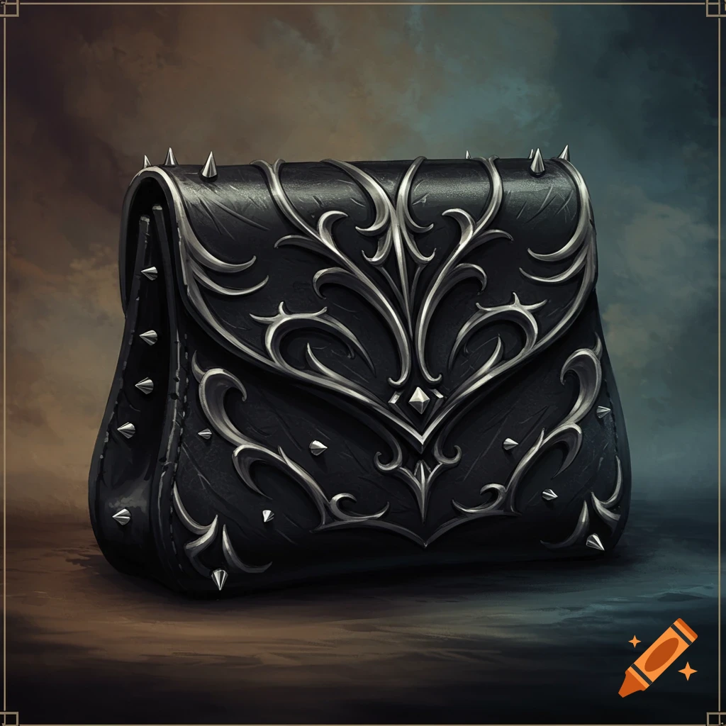 A black fantasy pouch with silver Gothic details and studs on a dark background.
