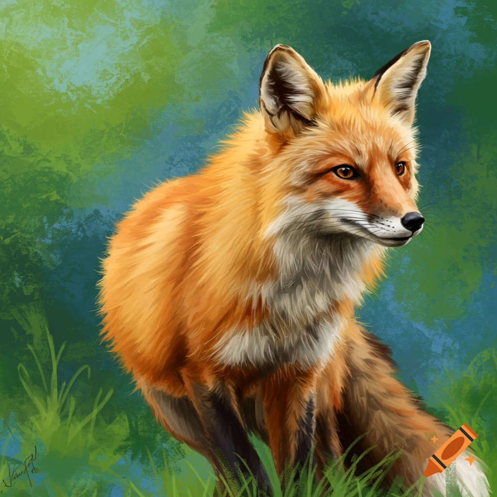 A detailed digital painting of a red fox with bright eyes, looking right amidst a green and blue brushstroke forest background.