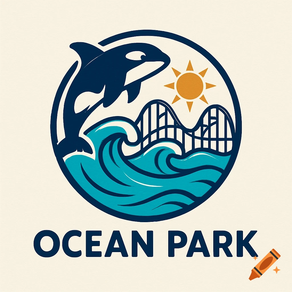 A circular logo for Ocean Park featuring an orca jumping over blue waves, a sun, and a roller coaster.