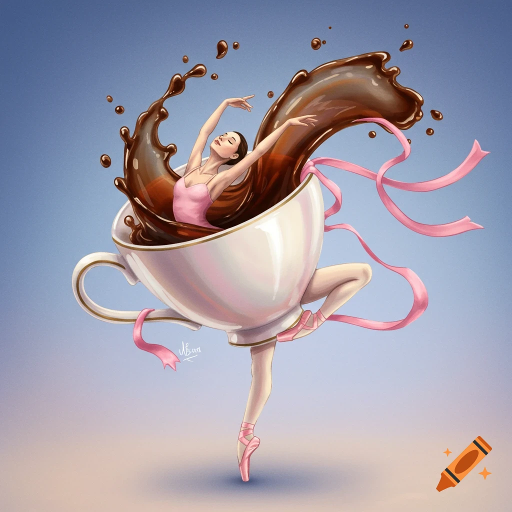 An artistic illustration of a ballerina emerging from a teacup, surrounded by splashing coffee and pink ribbons.
