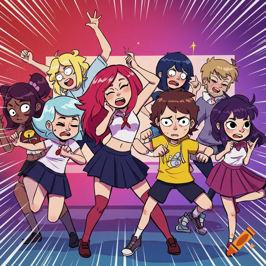 A group of diverse anime-style young characters dancing excitedly with a vibrant red and purple background.
