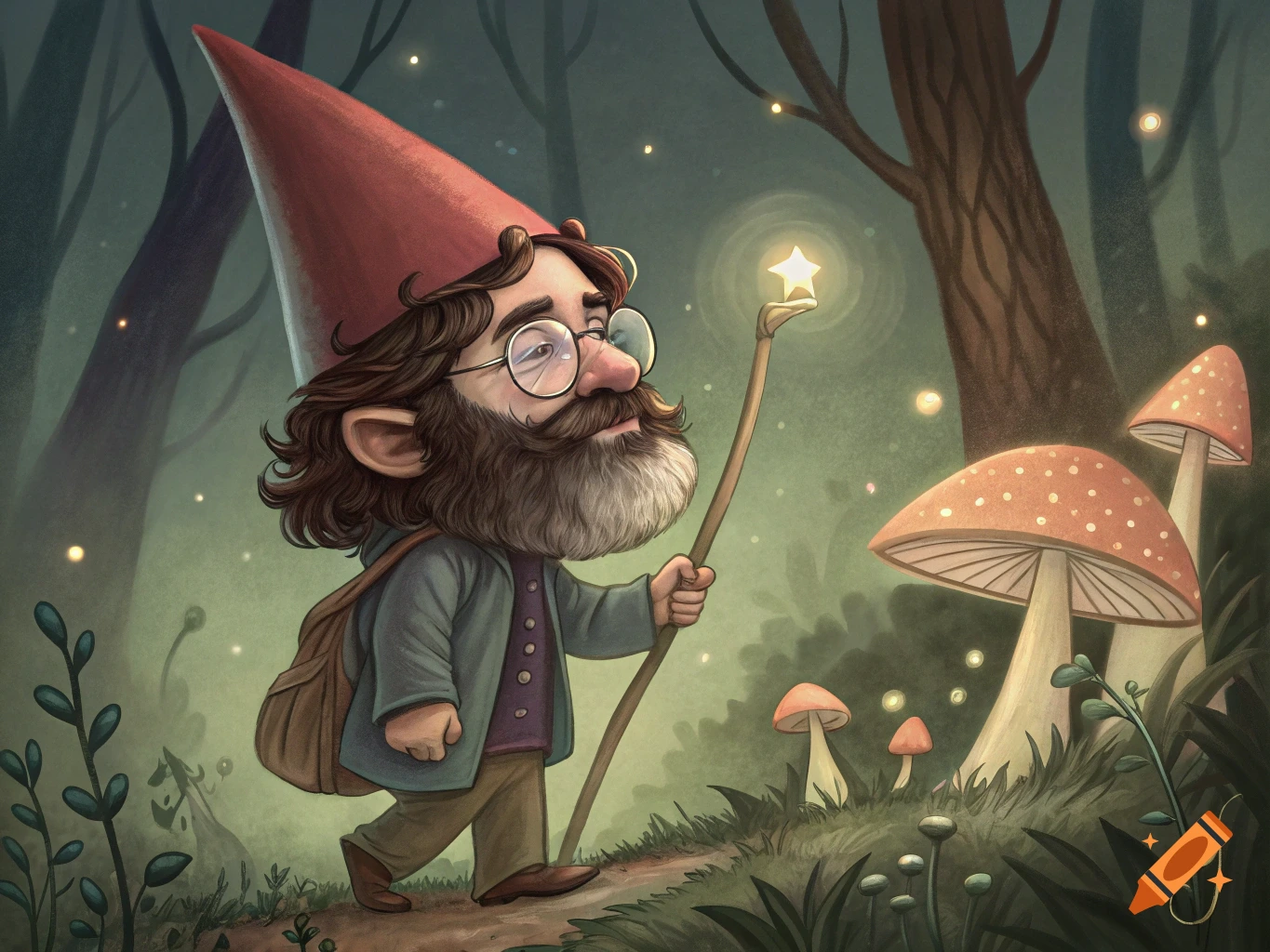 A whimsical illustration of a bearded gnome with a red hat and glasses walking through a magical forest at dusk, holding a staff with a glowing star.