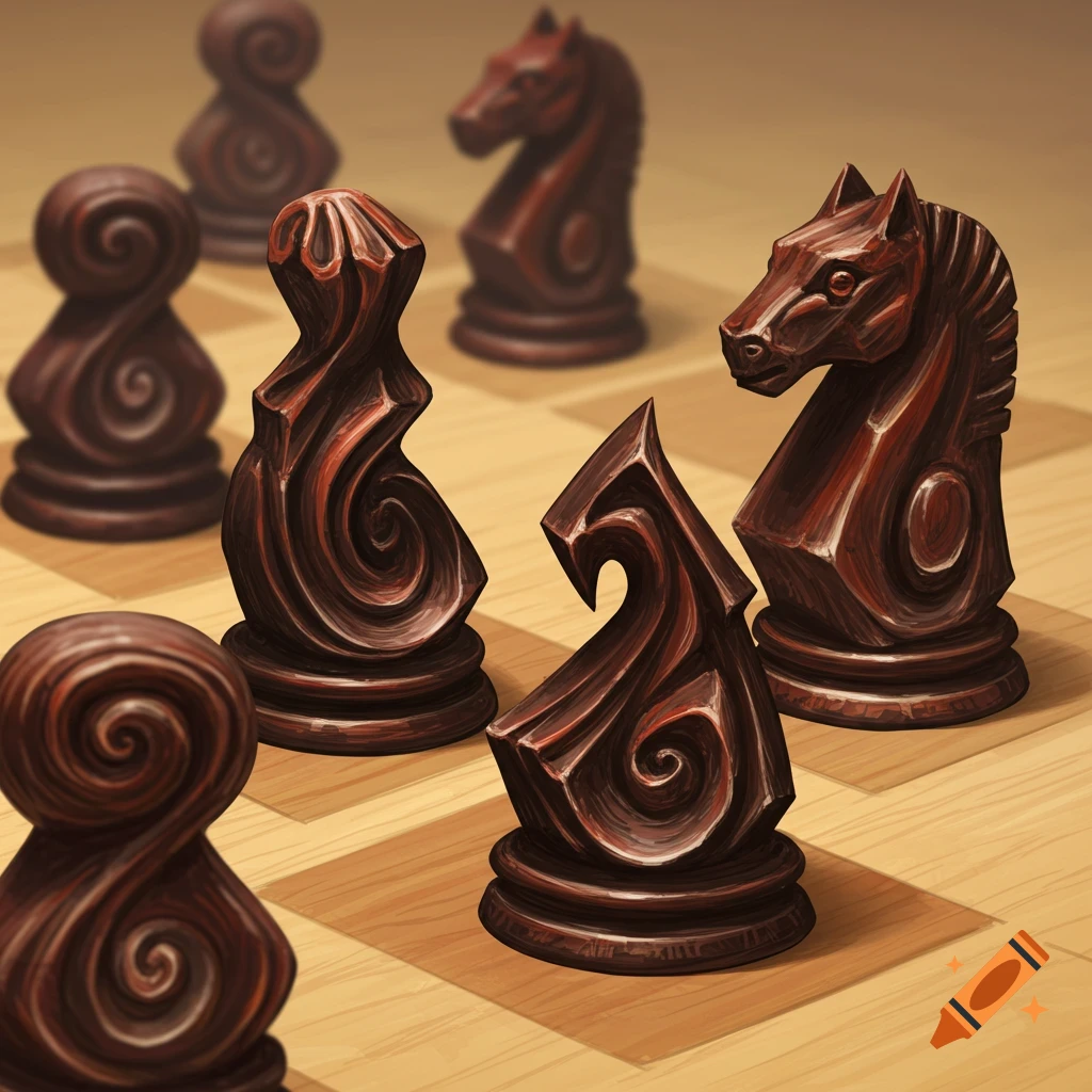Abstract chess pieces carved from dark wood with ornate swirling ...