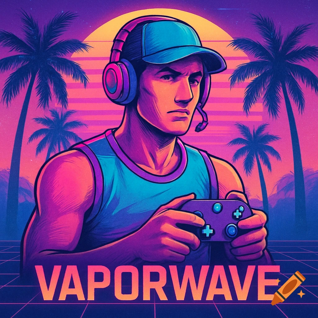 A male gamer in a cap and headphones plays a controller, depicted in vibrant vaporwave style with palm trees and a grid background, text says 'VAPORWAVE'.