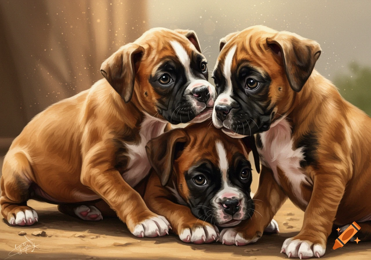 Three boxer puppies huddle together in a warm, illustrative style.