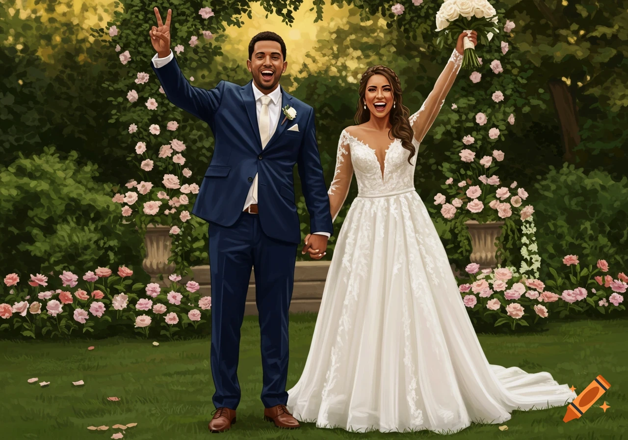An illustration of a cheerful bride and groom holding hands in a lush garden, the groom making a peace sign.
