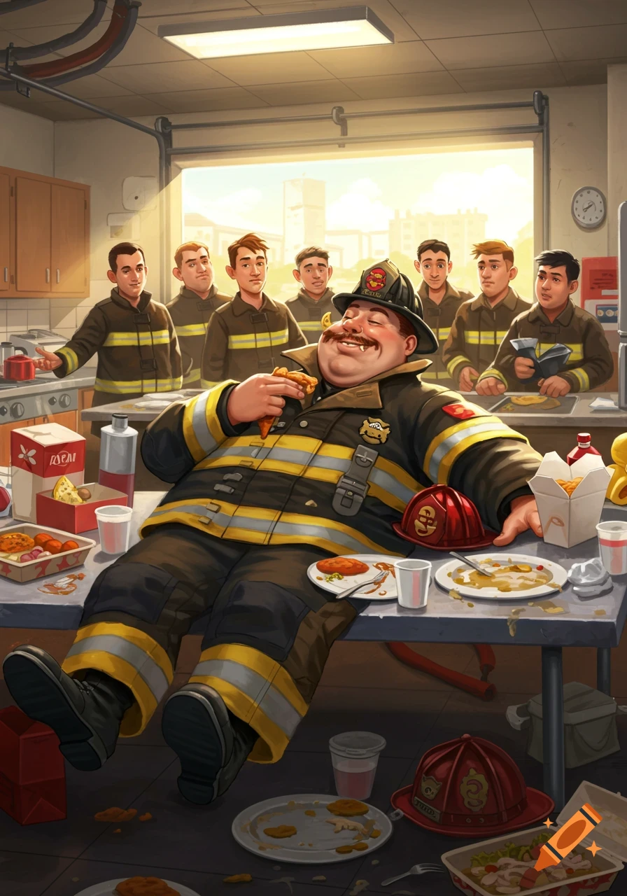 Cartoon illustration of an overweight firefighter happily eating on a messy table in a fire station, while other firefighters watch.