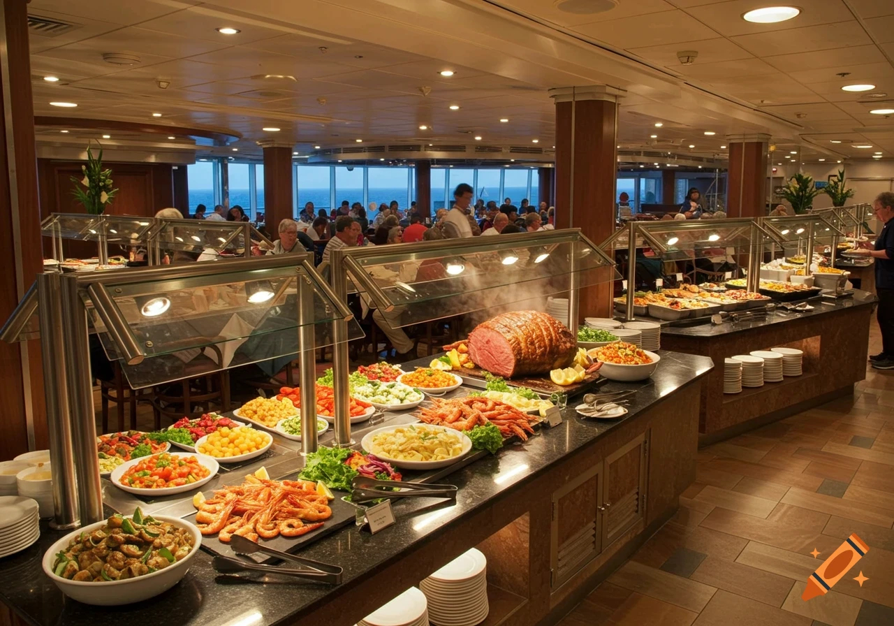 A wide variety of dishes on a buffet line inside a cruise ship dining room with people eating and ocean views through windows.