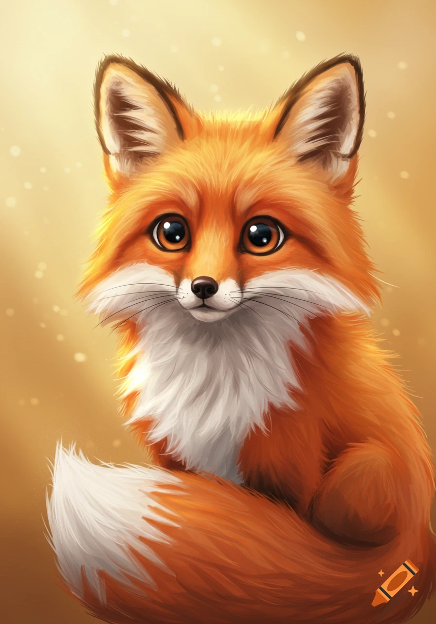 A cute orange and white cartoon fox with big dark eyes and a white chest and tail tip.