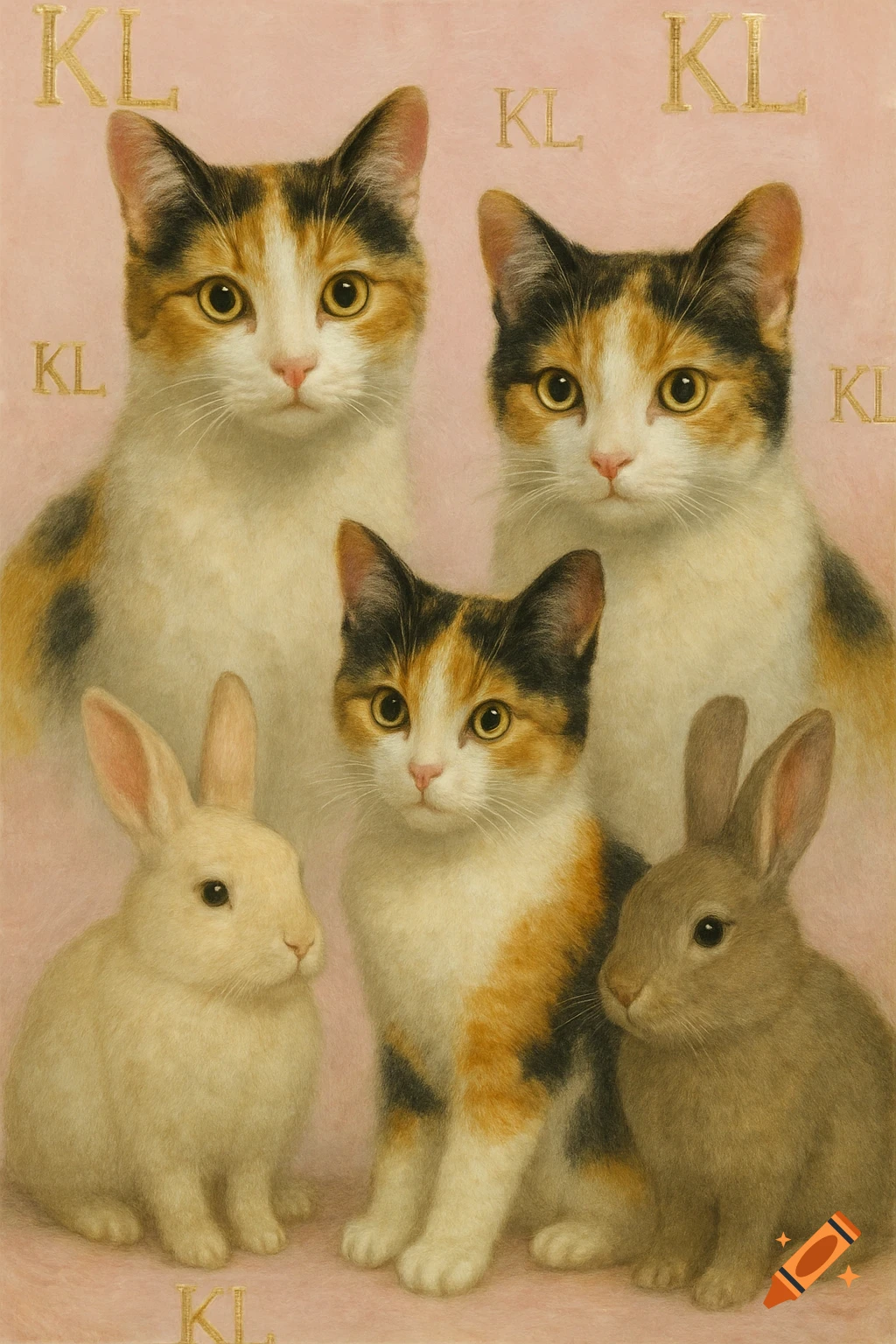 Painting of three calico cats and two bunnies on a light pink background with repeating golden 'KL's.