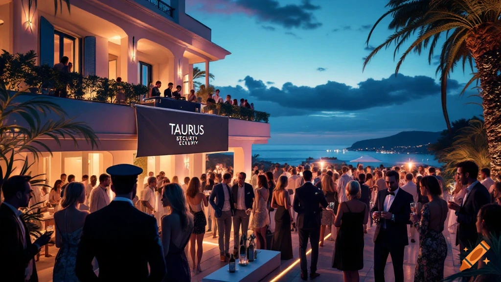 An evening party at a luxurious villa overlooking the sea at dusk. People mingle on a terrace with a banner for Taurus Security.