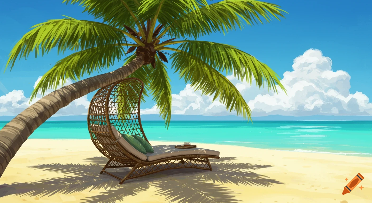 A sunny beach with a palm tree shading a lounge chair by the turquoise ocean.