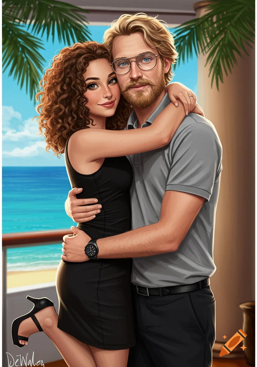 A cartoon couple, a woman with curly brown hair in a black dress and a man with a beard and glasses in a gray polo, hug on a tropical cruise ship balcony.