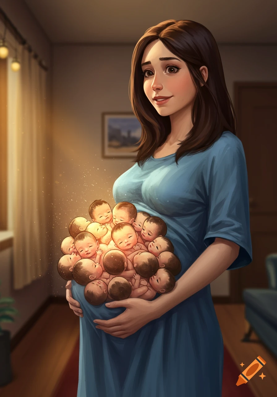 A smiling woman with dark hair in a blue dress cradles her large belly, from which numerous small, sleeping babies appear to emerge, glowing with light.