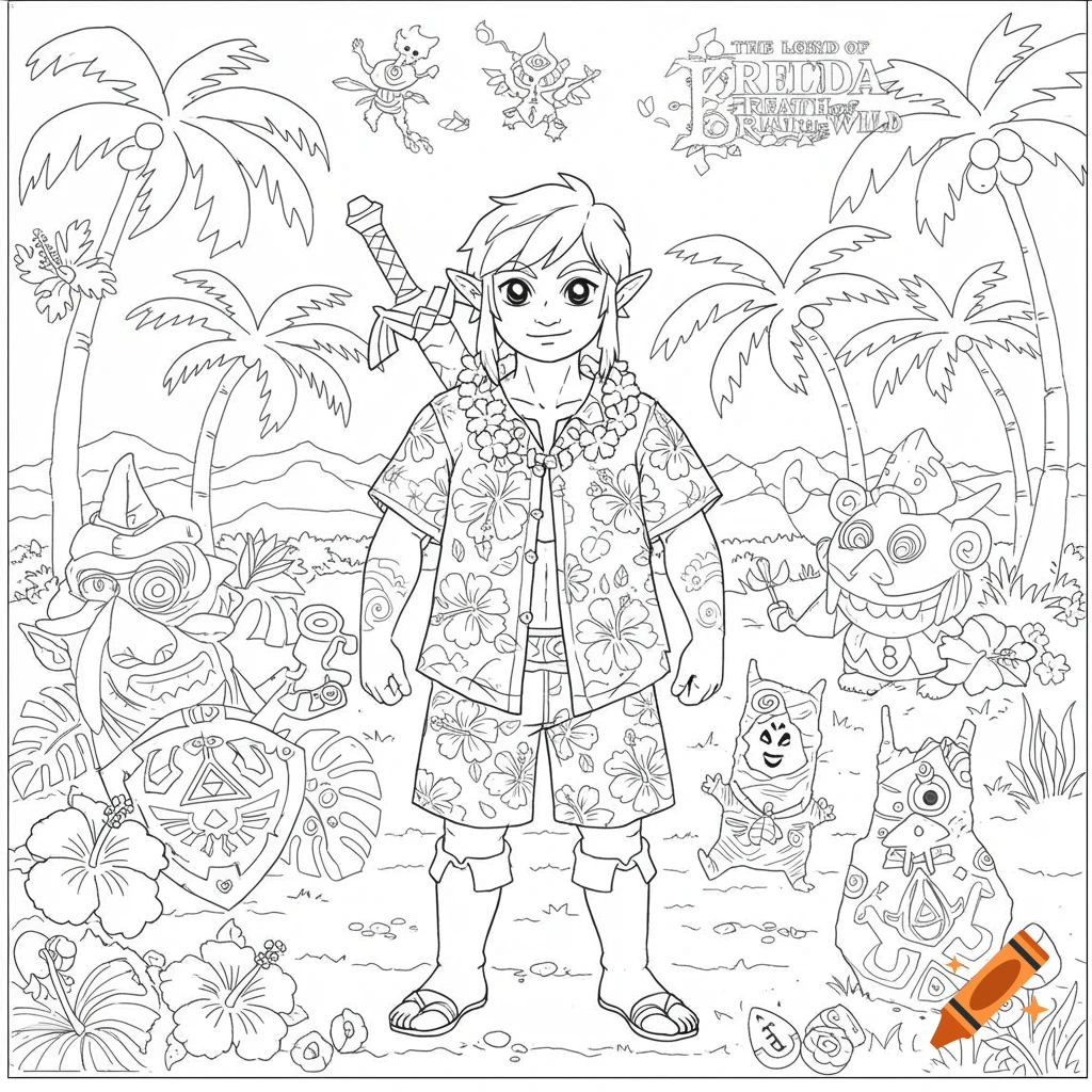 A black and white coloring page featuring Link in a Hawaiian shirt, surrounded by palm trees, Koroks, and other Zelda creatures.