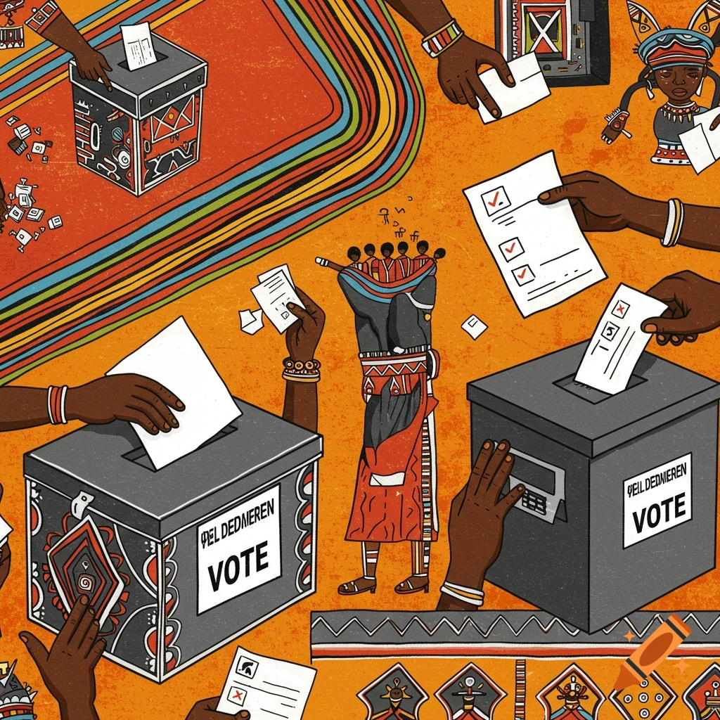 Ndebele art illustration of various hands placing ballots into colorful, patterned ballot boxes, symbolizing voting.