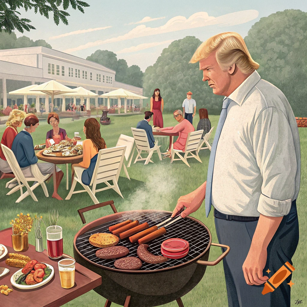 An illustration of Donald Trump grilling hot dogs and burgers at an outdoor barbecue party, surrounded by people socializing.