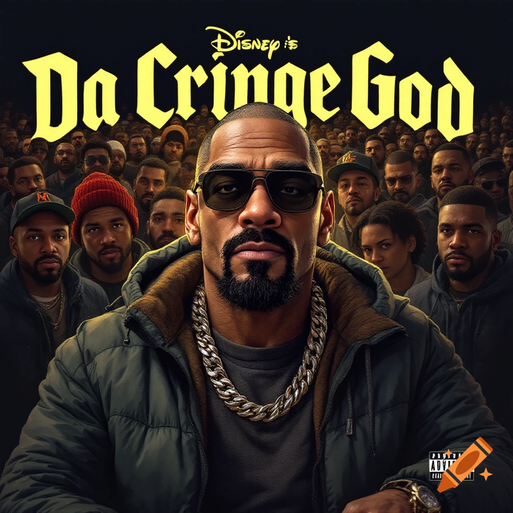 A man in sunglasses and a thick gold chain stands in front of a crowd of men, with "Disney's Da Cringe God" in stylized text above, like a rap album cover.