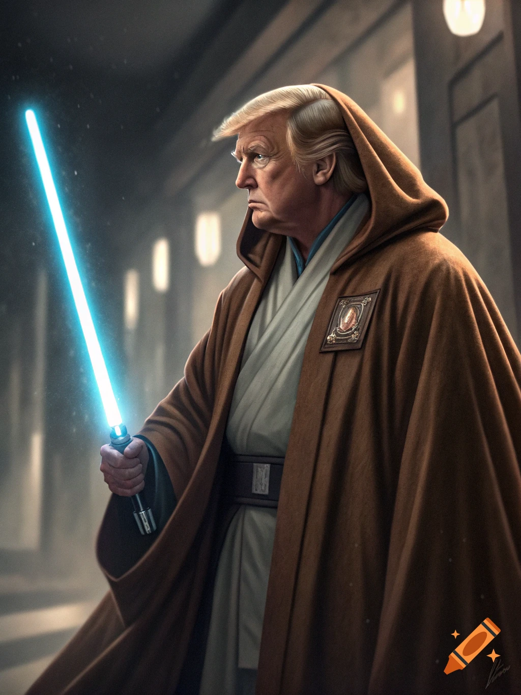 Photorealistic portrait of Donald Trump as a Jedi Master, holding a glowing blue lightsaber in a futuristic hallway.