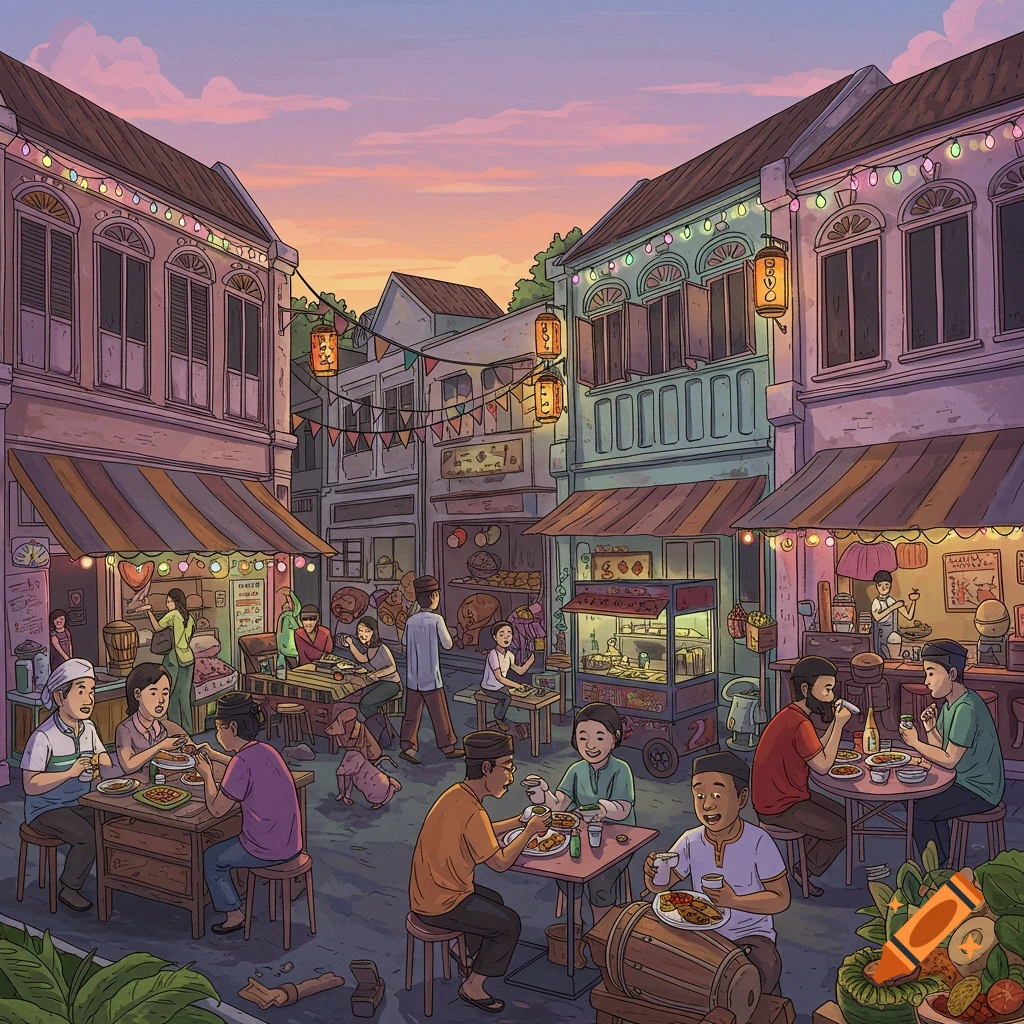 An illustration of a vibrant street food market at dusk, with people eating at tables set up outdoors in front of old buildings with string lights.