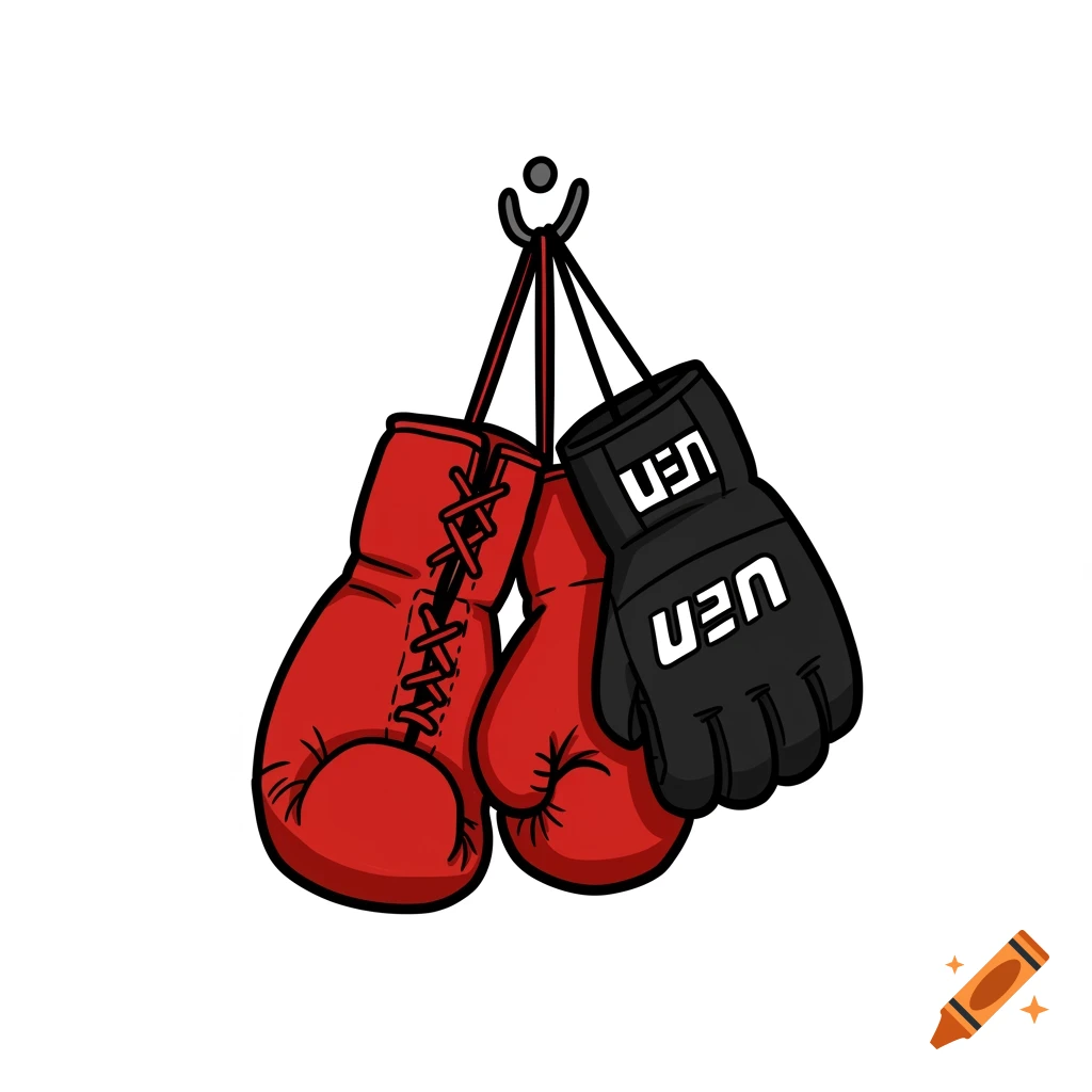 A simple cartoon drawing of a red boxing glove and a black MMA glove hanging on a hook.