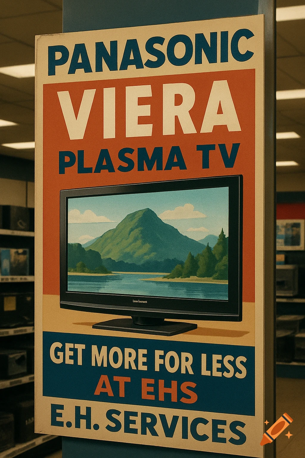 Vintage-style advertisement for Panasonic Viera Plasma TV at E.H. Services, featuring a black TV screen displaying a mountain landscape with water.