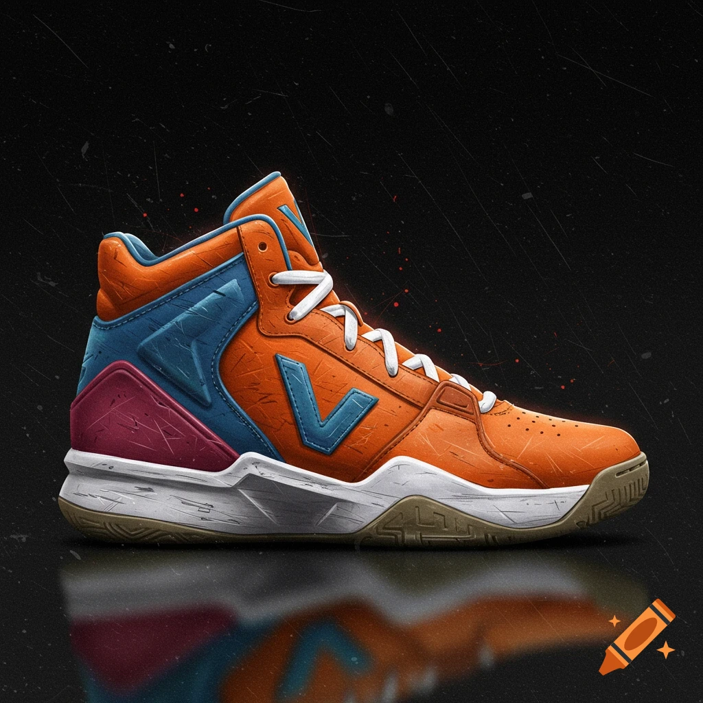 A vibrant orange, blue, and pink high-top basketball shoe with a large 'V' logo and scratch marks, on a dark background.