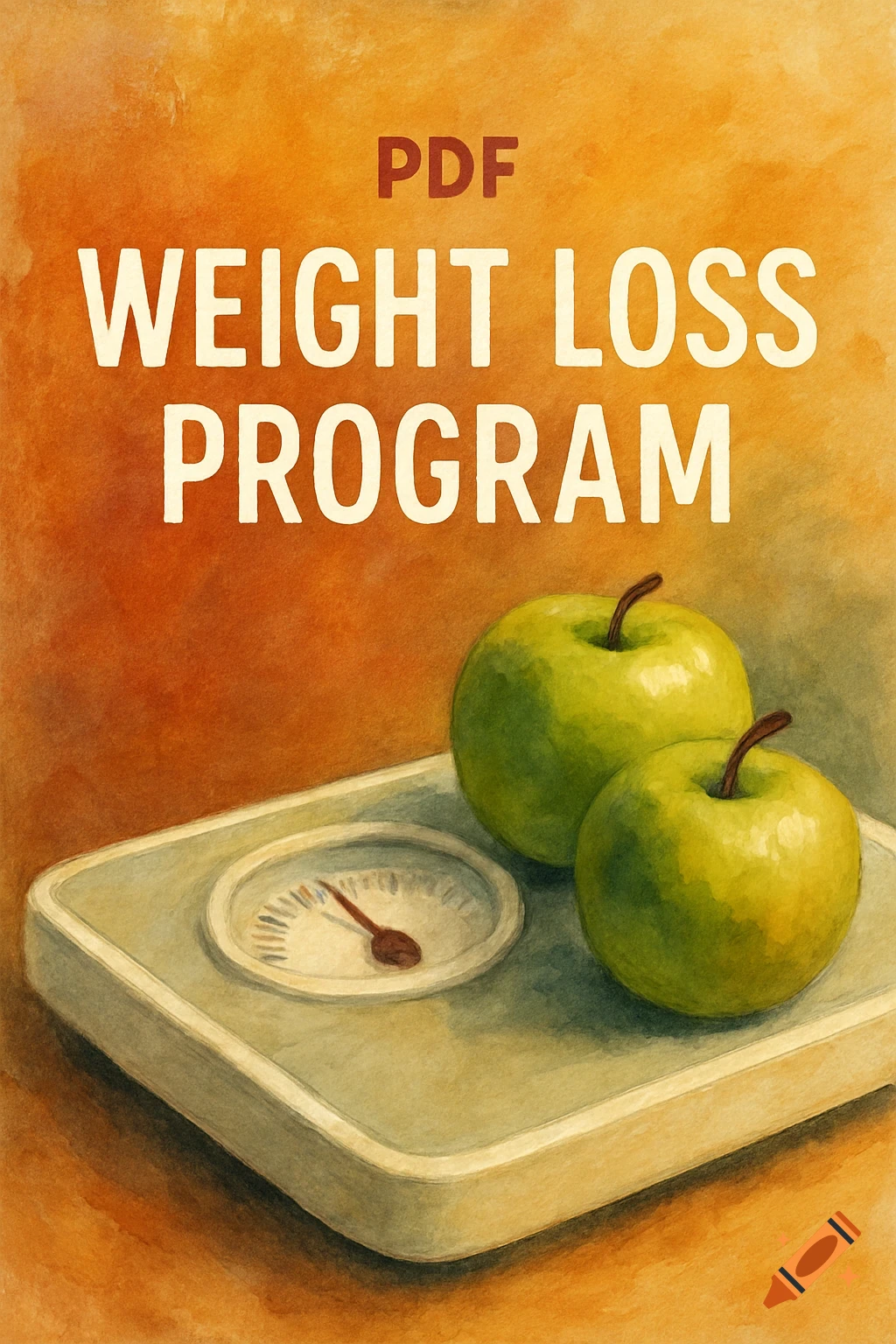 A watercolor painting featuring two green apples on a weighing scale, with the text "PDF WEIGHT LOSS PROGRAM" above.