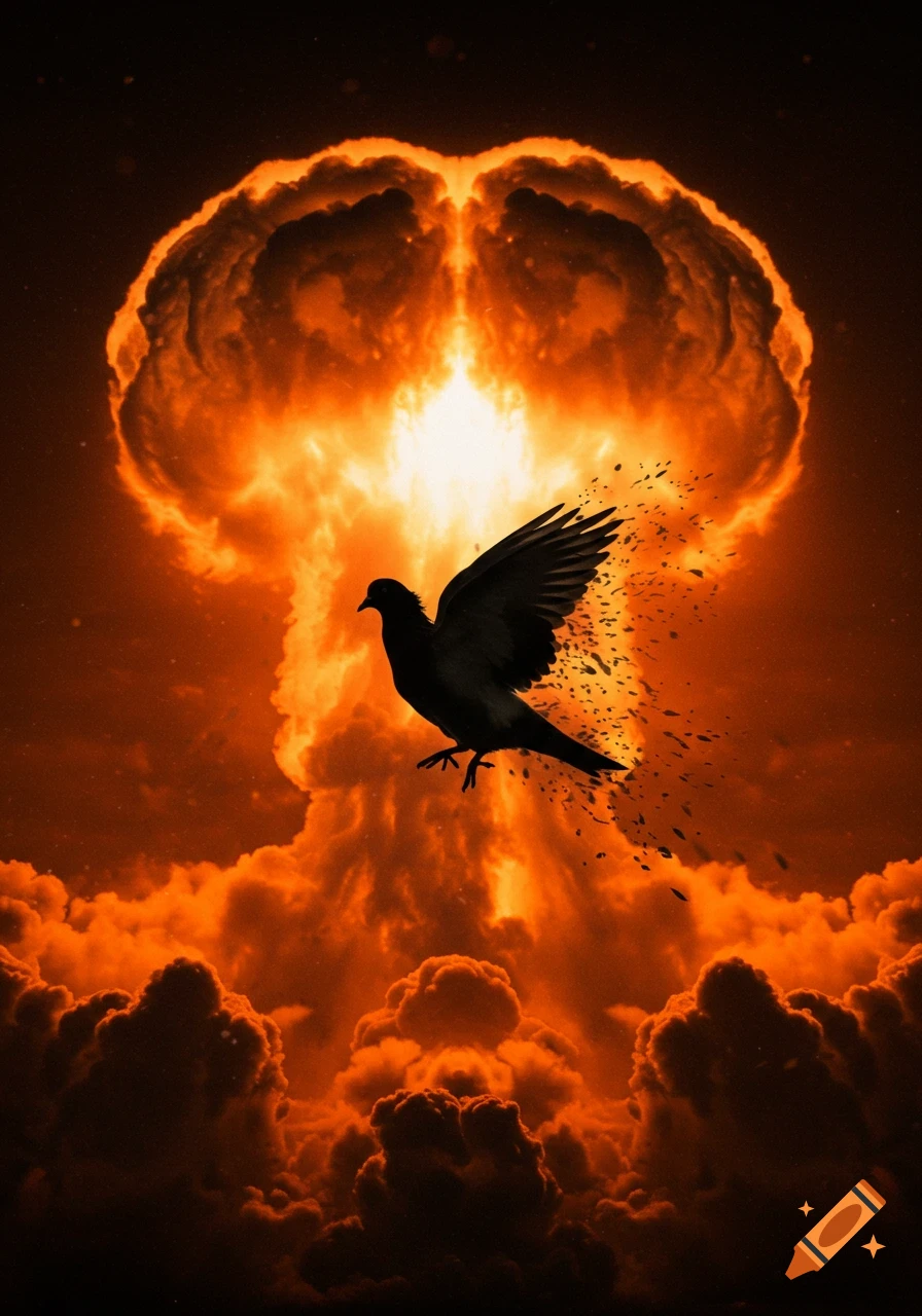 A black pigeon silhouetted against a large orange nuclear mushroom cloud.