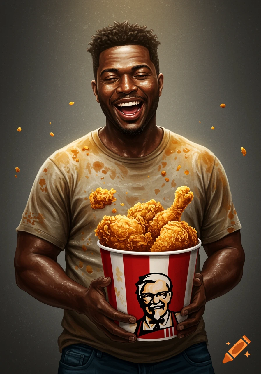 A joyful Black man holding a large bucket of fried chicken with oil splatters on his shirt.