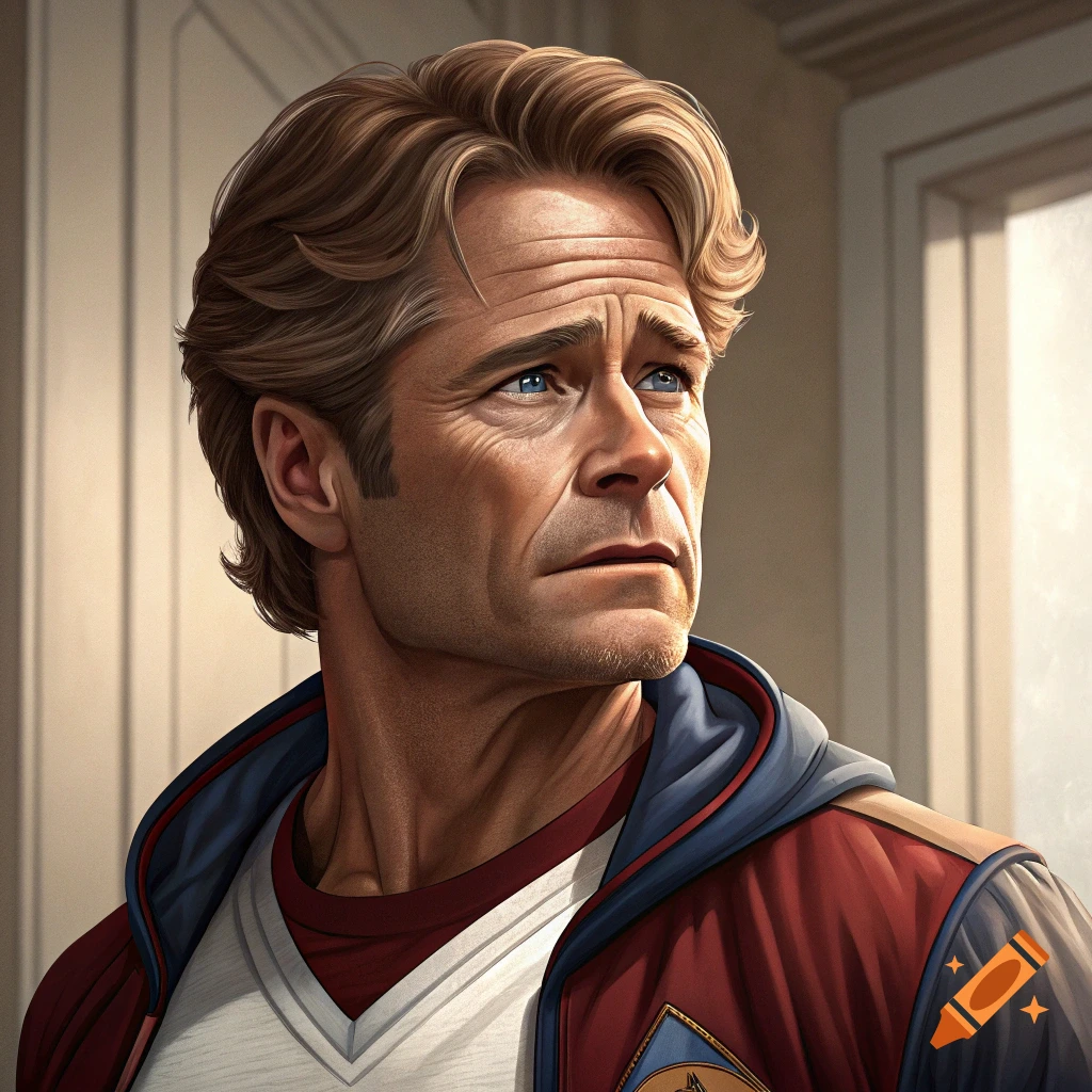 Detailed illustration of a pensive, middle-aged man with blond hair and blue eyes, wearing a red, white, and blue jacket.
